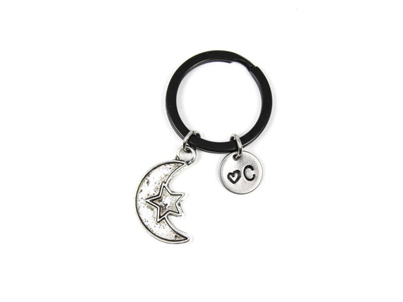 Personalized Moon Keychain, Cresent Moon Keyring, Moon Star Key