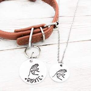 May include: A brown leather dog collar with a silver buckle and a silver tag featuring a paw print design and the name "ROXIE" engraved on it. A silver chain necklace with a matching paw print tag is also pictured.