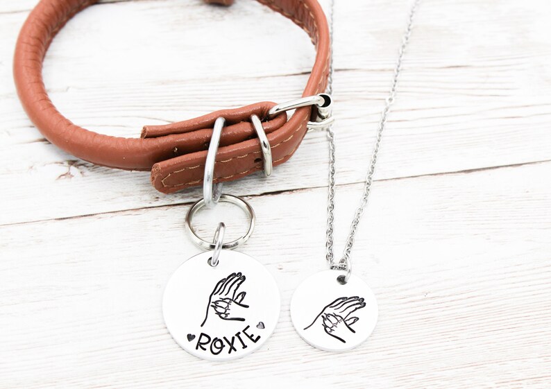 May include: A brown leather dog collar with a silver buckle and a silver tag featuring a paw print design and the name "ROXIE" engraved on it. A silver chain necklace with a matching paw print tag is also pictured.