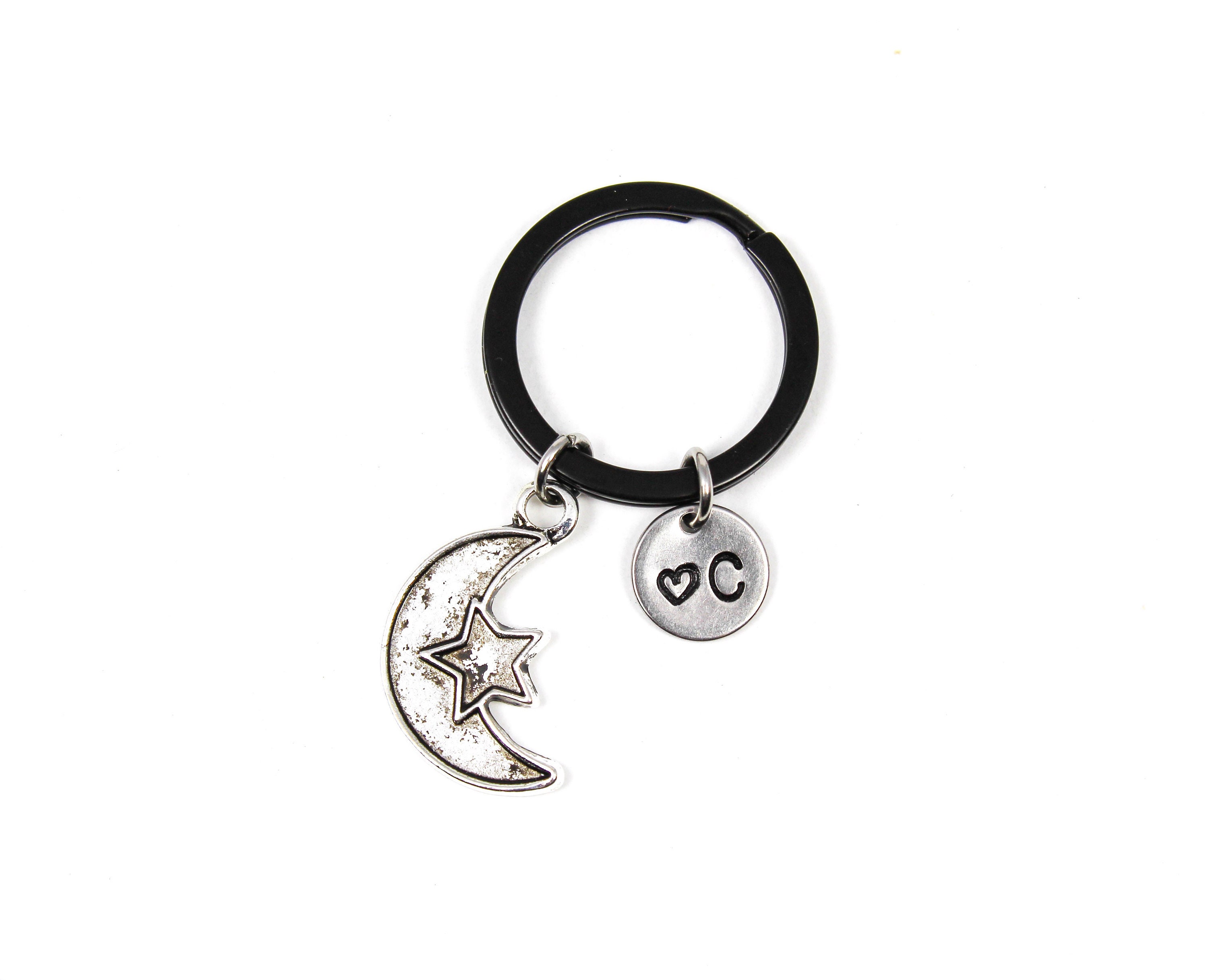 Personalized Moon Keychain, Cresent Moon Keyring, Moon Star Key