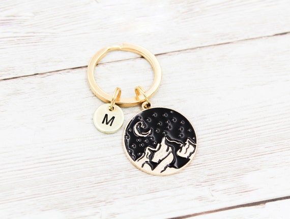 Night Sky Mountain Keychain, Moon and Stars Keyring, Mountain Lover Gift, Hiker Gifts, Crescent Moon Keychains, Stars Key Ring