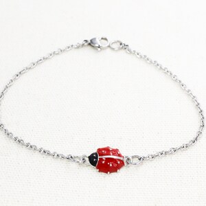 Puede incluir: Un brazalete de cadena de plata con un dije de mariquita roja y negra.