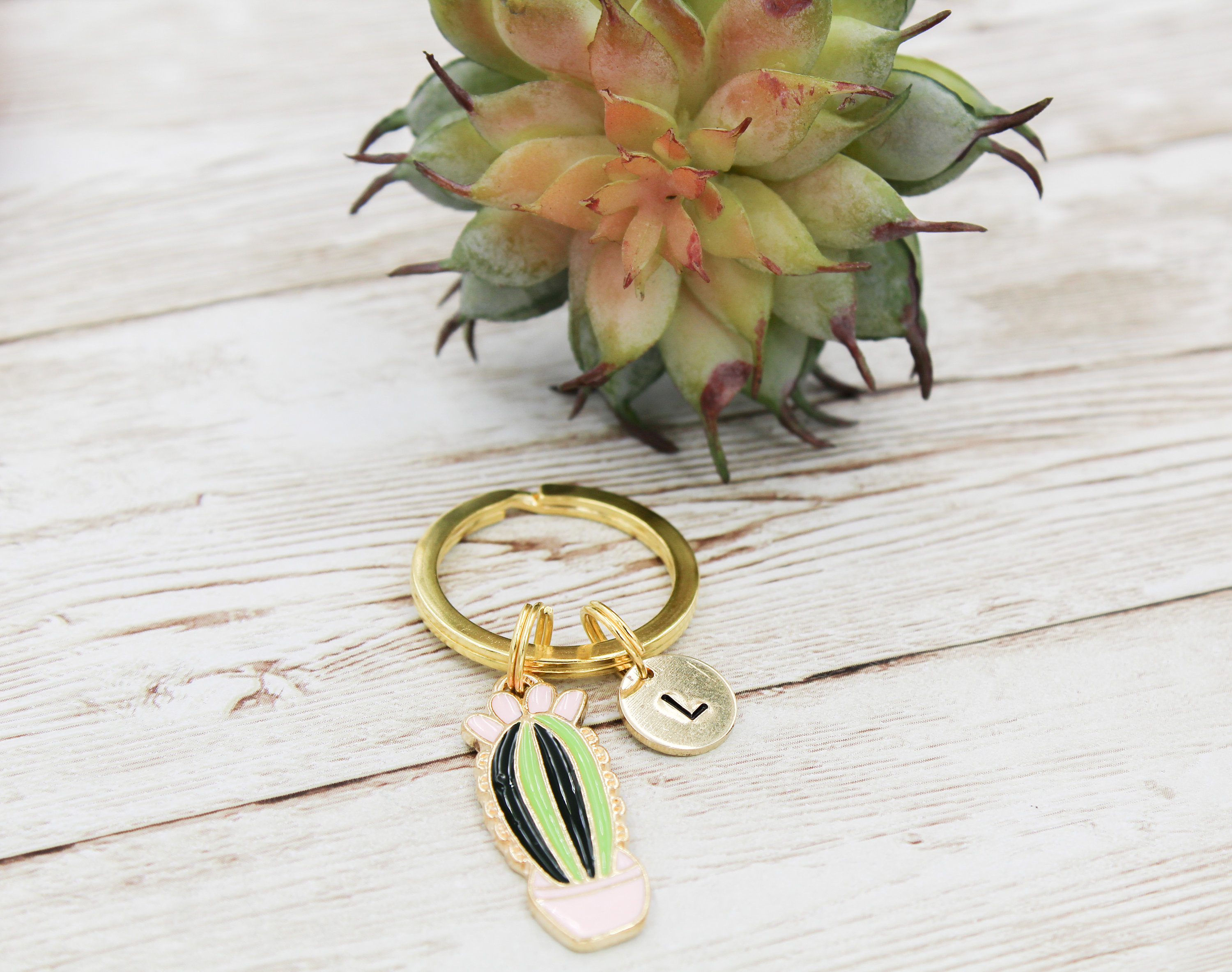 Cactus Keychain Succulent Keyring Monogram Keychains Gift Etsy