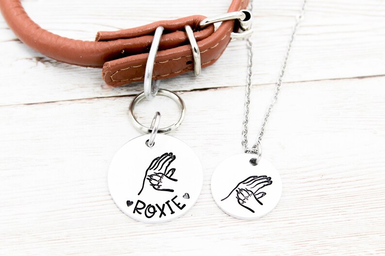 May include: A brown leather dog collar with a silver buckle and a silver tag featuring a paw print design and the name "ROXIE" engraved on it. A silver chain necklace with a matching paw print tag is also shown.