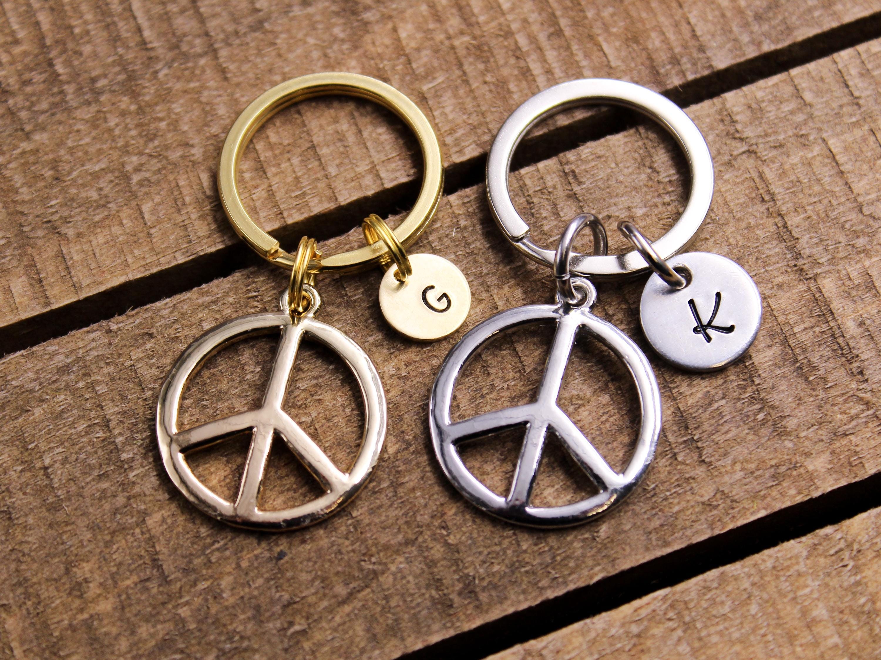 Silver Peace Sign Keychain, Custom Initial, Hippie Keyring - Etsy