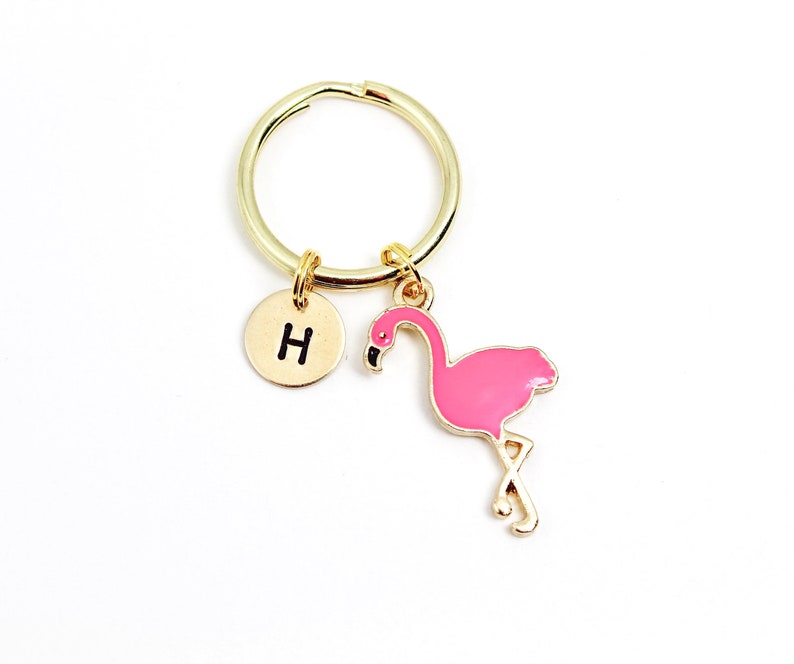 Dainty Flamingo Keychain Flamingo Keyring Initial Keychain Etsy