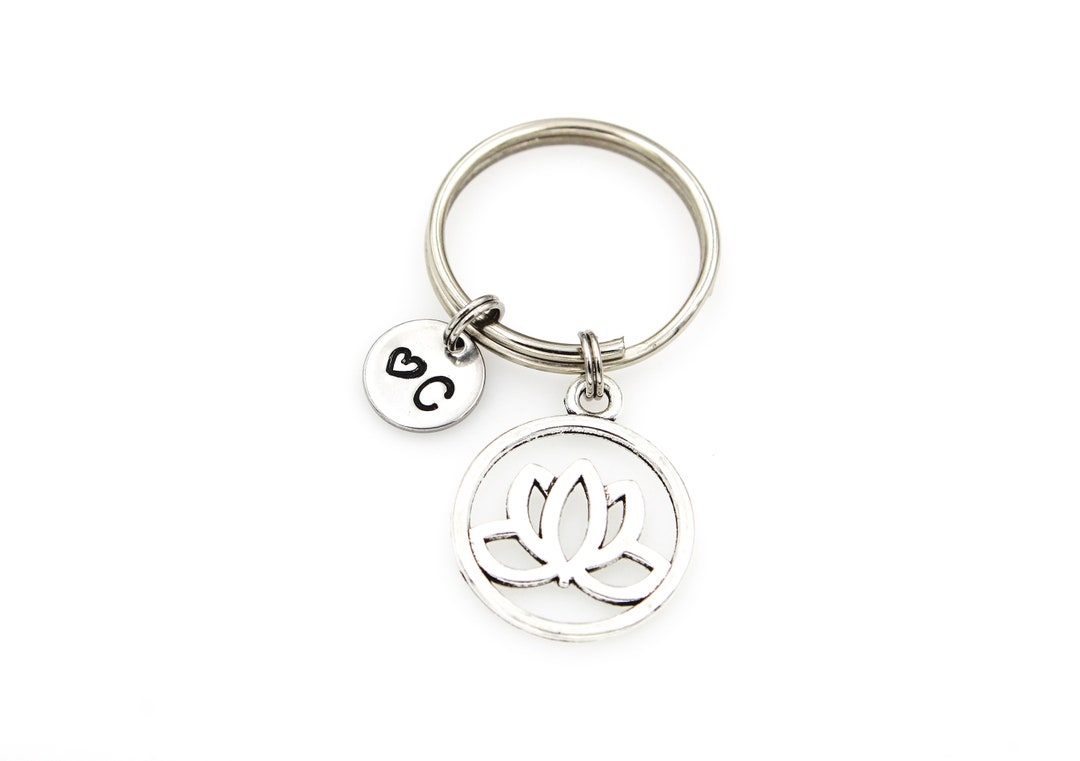 Custom Initial Lotus Keychain, Silver Lotus Flower Charm, Lotus Keyring ...
