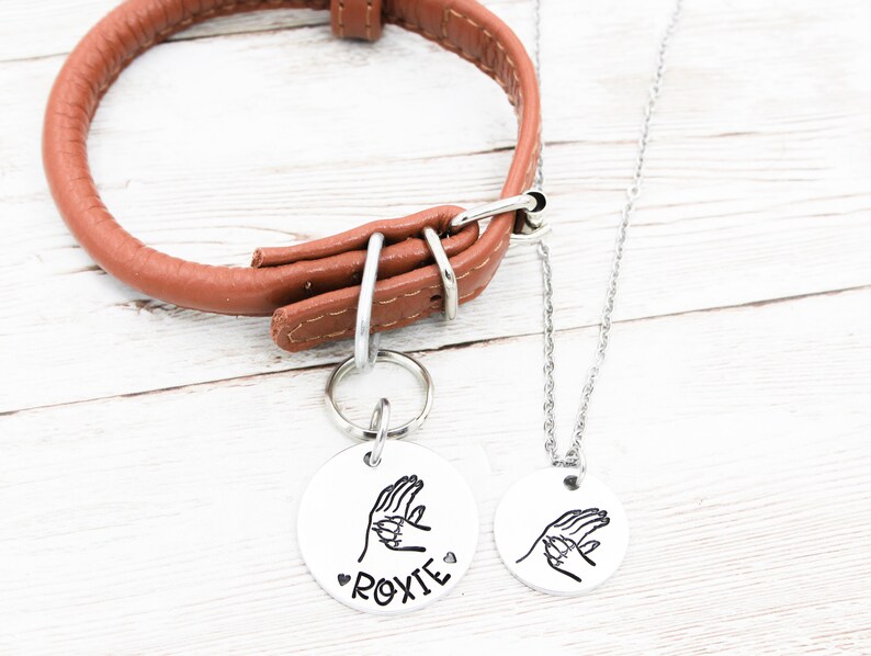 May include: A brown leather dog collar with a silver tag that says "ROXIE" and a paw print. A silver chain necklace with a matching paw print tag is also pictured.