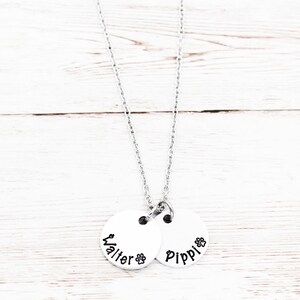 May include: A silver necklace with two round silver charms. The charms are engraved with the names "Walter" and "Pippi" with a paw print symbol next to each name.