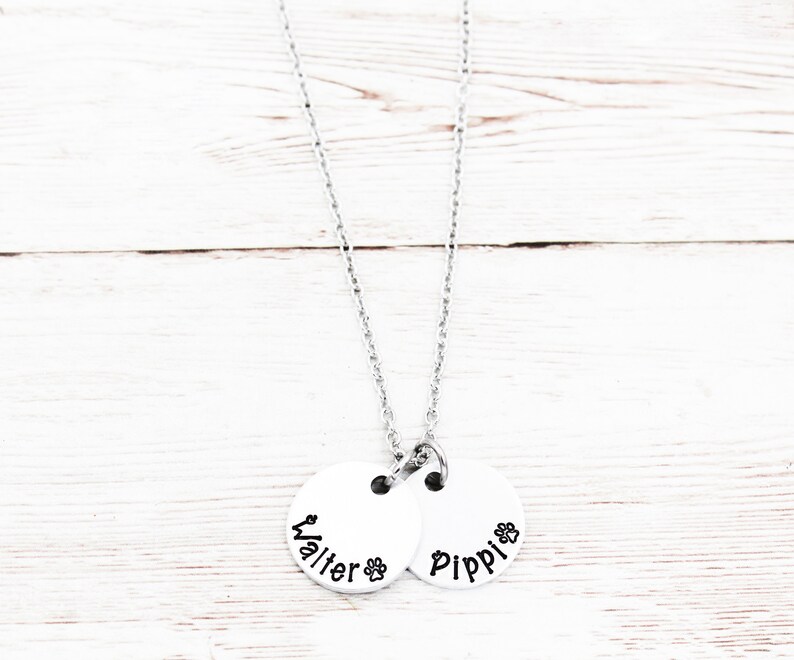 May include: A silver necklace with two round silver charms. The charms are engraved with the names "Walter" and "Pippi" with a paw print symbol next to each name.
