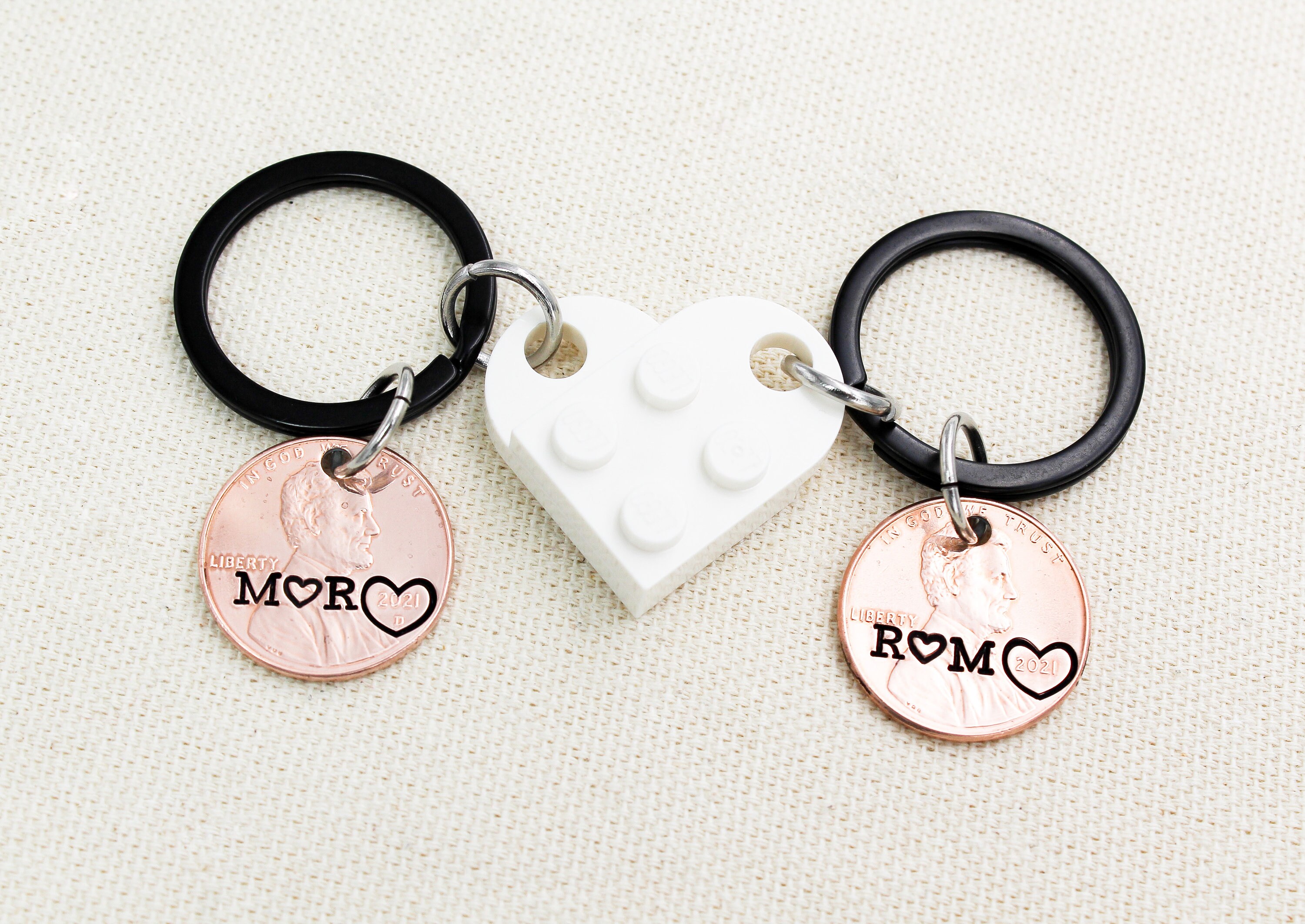 Custom Penny With Connecting Heart LEGO® Keychains, Couples Keychain ...