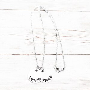 May include: A silver chain necklace with two round silver charms. The charms are engraved with the names "Walter" and "Pippi" and a paw print.