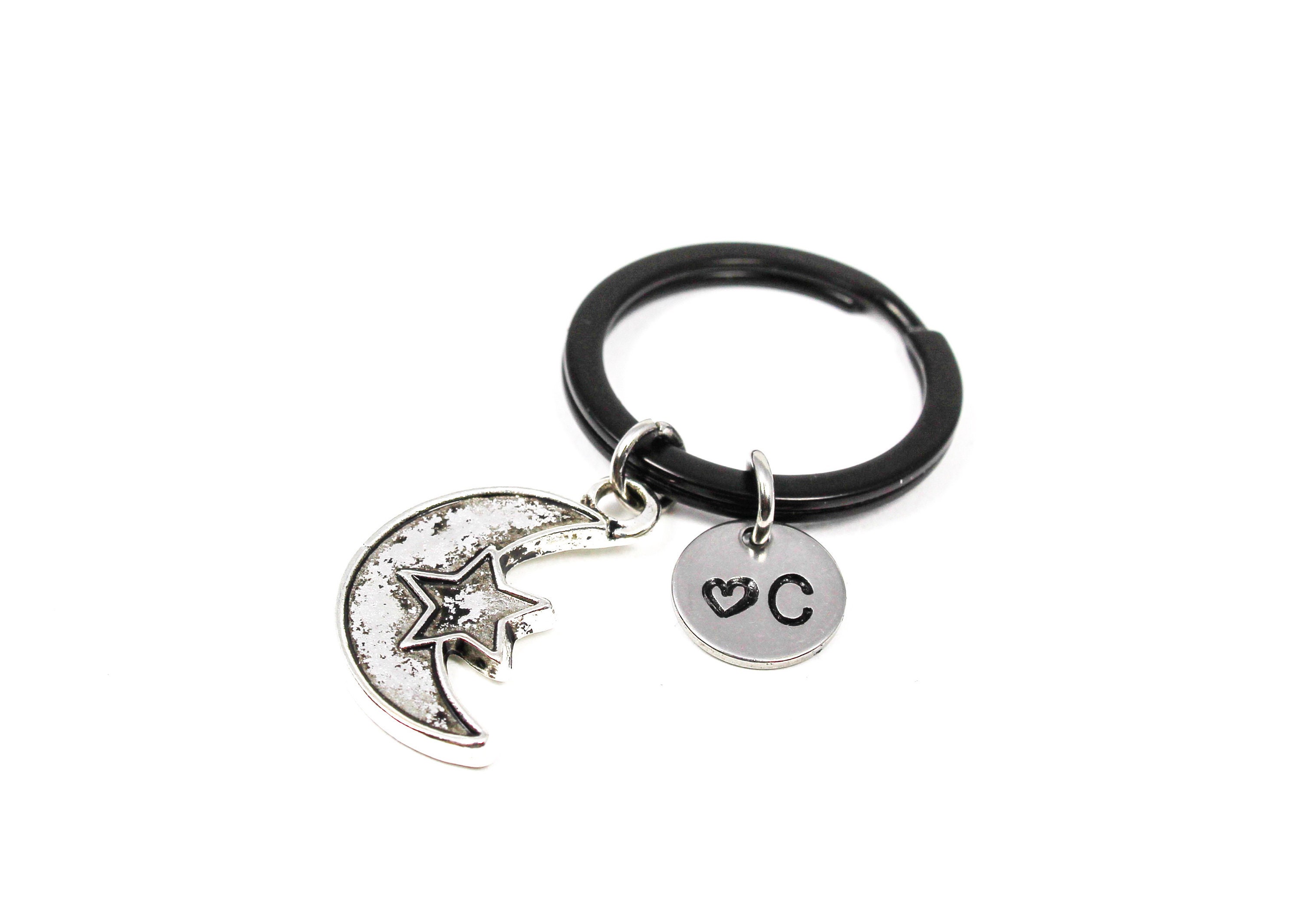 Personalized Moon Keychain, Cresent Moon Keyring, Moon Star Key