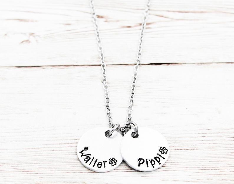 May include: A silver chain necklace with two round silver charms. The charms are engraved with the names "Walter" and "Pippie" with a paw print symbol next to each name.