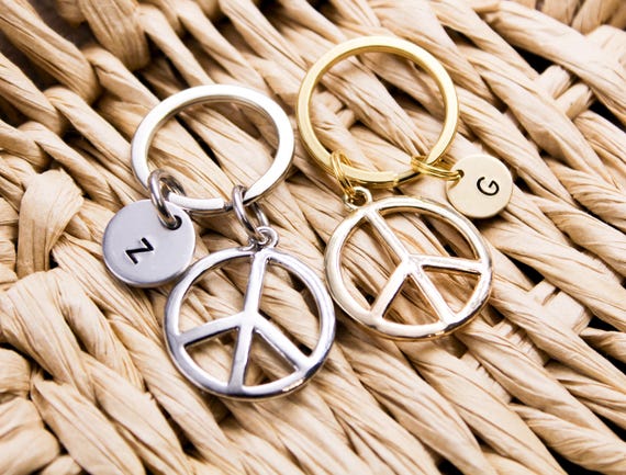 Silver Peace Sign Keychain, Custom Initial, Hippie Keyring - Etsy