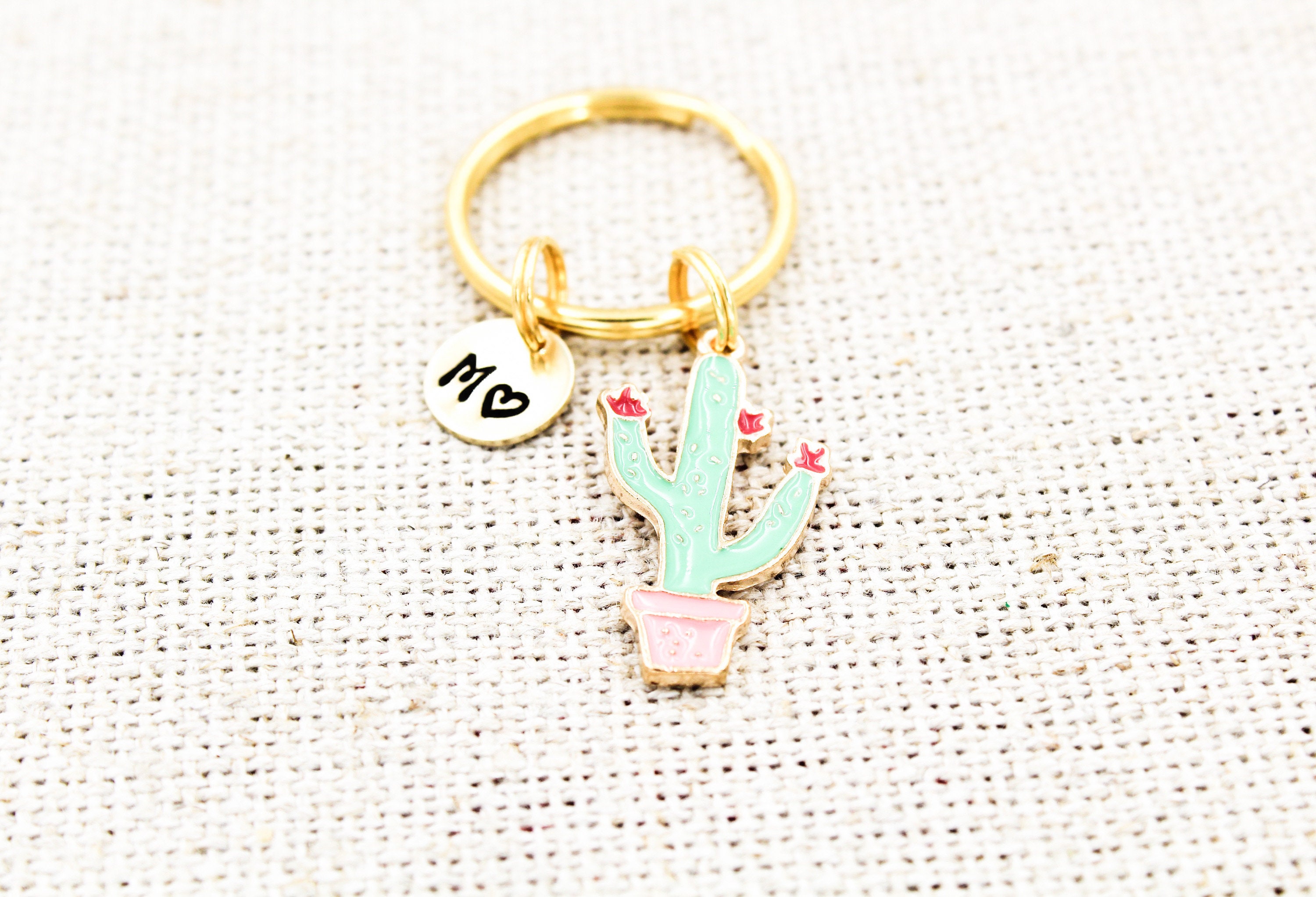 Custom Initial Cactus Keychain Cactus Keyring Succulent Etsy