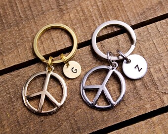Silver Peace Sign Keychain, Custom Initial, Hippie Keyring - Etsy