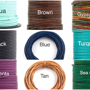 May include: A variety of leather cords in different colors, including aqua, brown, black, blue, turquoise, magenta, tan, and sea green. The cords are wound around spools.