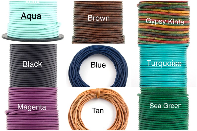 May include: A variety of leather cords in different colors, including aqua, brown, black, blue, turquoise, magenta, tan, and sea green. The cords are wound around spools.