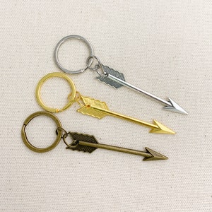 Op de afbeelding: Drie sleutelhangers met pijlpuntbedels. De sleutelhangers zijn zilver, goud en brons. De pijlpunten wijzen allemaal naar rechts.