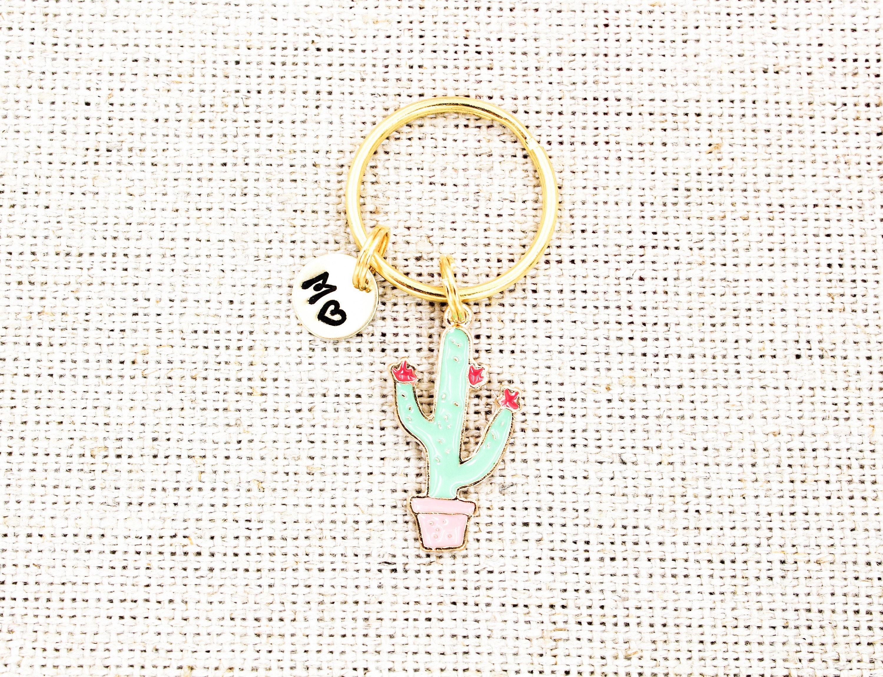 Custom Initial Cactus Keychain Cactus Keyring Succulent Etsy