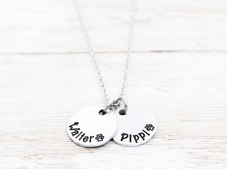May include: Silver necklace with two round pendants. The pendants are engraved with the names "Walter" and "Pippi" and a paw print.