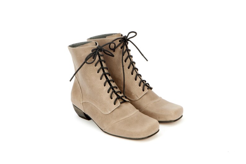 Tom Sawyer Womens leather shoes Lace Up Ankle Booties Granny Boots Taupe Rustic Brown Oxford Flats Heels Dress Classic Size 5.5 6.5 7.5 8 9