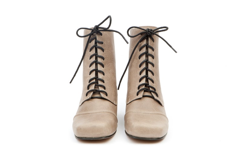 Tom Sawyer Womens leather shoes Lace Up Ankle Booties Granny Boots Taupe Rustic Brown Oxford Flats Heels Dress Classic Size 5.5 6.5 7.5 8 9