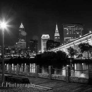 Cleveland skyline photograph, black and white Cleveland, Image of Memorial Bridge, Terminal Tower artwork, Cleveland wall art, photography