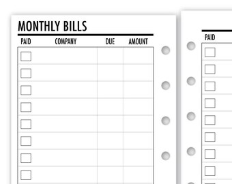 Printed Pocket Rings Bill Tracker Planner Refill, 3.2" x 4.7", 15 or 30 Count, Functional Insert, Financial Tracking