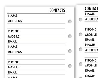 Printed Pocket Rings Contacts Address Book Planner Refill, 3.2" x 4.7", 15 or 30 Count, Functional Insert