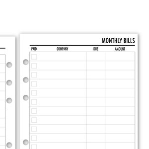 Printed A5 Size Monthly Bill Tracker Planner Refill - Stay on Top of Your Finances