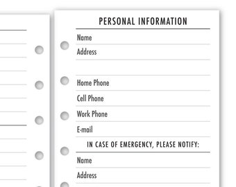 Printed Pocket Rings Personal Information Page Planner Refill, 3.2" x 4.7", 3 Sheets, Functional Insert