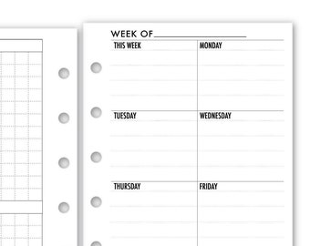 Printed Pocket Rings Week on One Page Vertical Planner Refill, 3.2" x 4.7", 26 or 52 Weeks, Undated Weekly View