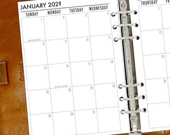 Recambio de calendario mensual A5 de 2 páginas, inserto de agenda con fechas, diseño de agenda mensual.