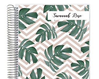 7x9 Spiral Notebook, A5 Wide size, Choose College or Wide Ruled Lined, Dot Grid or Graph Paper, 240 Pages, Laminated Cover, Monstera Summer