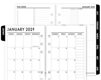 Printed Personal Rings Tabbed Complete Week on One Page Planner Calendar Refill, 3.74″ x 6.73″, Monthly & Weekly view, Black Tabs, 6D
