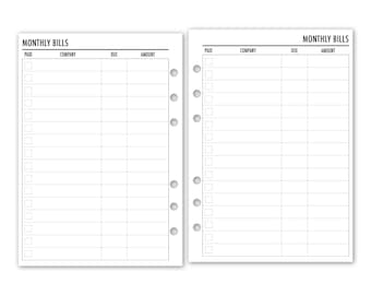 Printed A5 Size Monthly Bill Tracker Planner Refill - Stay on Top of Your Finances