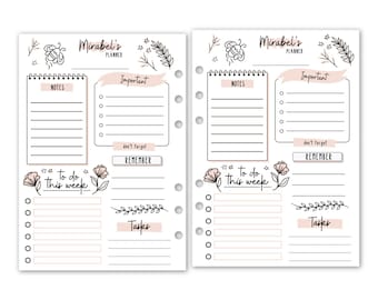 Printed A5 Rings Personalized Blush Floral Weekly Planner Refill, 5.83″ x 8.27″, 15 or 30 Count, Add Your Name for Personalization
