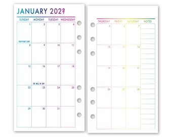 Printed Personal Rings Month on 2 Pages Deluxe Calendar Planner Refills, 3.74″ x 6.73″, 12 Dated Monthly View, RAINBOW PRINT