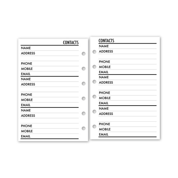 Printed Pocket Rings Contacts Address Book Planner Refill, 3.2" x 4.7", 15 or 30 Count, Functional Insert