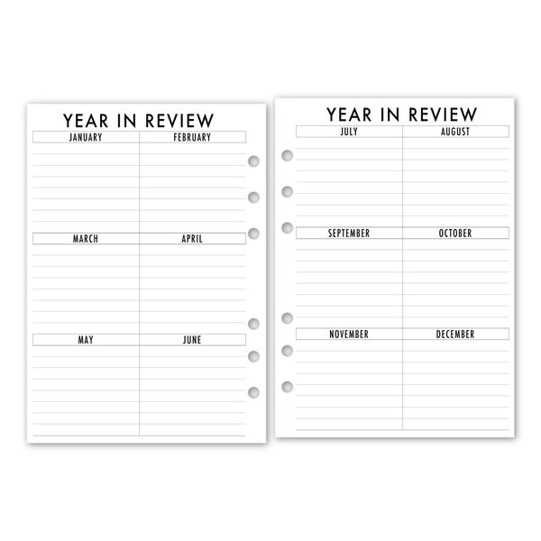 Printed A5 Rings Year in Review Planner Refill, 5.83″ x 8.27″, One Whole Year View, 12 Months at a Glance, Functional, Yearly Goals