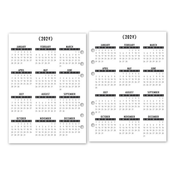 Printed A5 Rings Year at a Glance Calendar Printed Planner Refill, 5.83″ x 8.27″, Dated Yearly View, 24 Month, Laminated for Durability