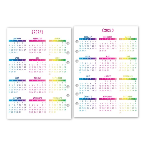 Printed A5 Year at a Glance Calendar Planner Refill, 5.83″ x 8.27″, Dated Yearly View, 24 Month, Laminated for Durability, RAINBOW!