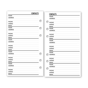 Printed Personal Rings Contacts Address Book Planner Refill, 3.74" x 6.73", 15 or 30 Count, Functional Insert