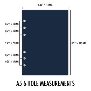 A5 6-hole ring binder measurement diagram showing insert dimensions: 5.83 inches wide by 8.27 inches tall, with hole spacing measurements of 0.75 inch top, 0.75 inch, 2.75 inch, 0.75 inch, and 0.75 inch bottom. Navy background with white text and dot markings.