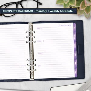 May include: Open planner with a navy blue cover and a silver binder. The pages are white with horizontal lines for writing. The calendar is open to January 2020, with tabs for each month. Text at the top reads "COMPLETE CALENDAR - monthly + weekly horizontal."