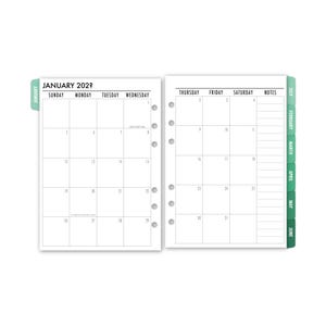 A5 Tabbed Month on 2 Pages Calendar Refill, Printed Ring Planner Insert with 12 Dated Monthly Layouts, Choose Date, Mint Cascade