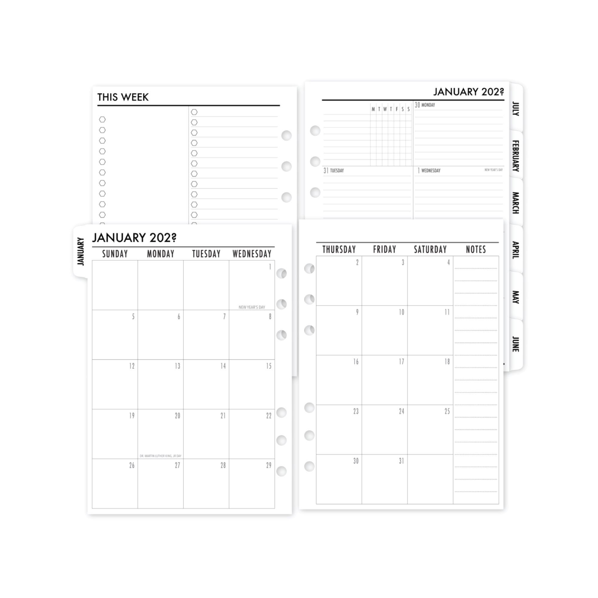 A5 Tabbed Complete Week on One Page Planner Calendar Refill, 5.83″ x 8.27″, Printed Ring Planner Insert, Dated Monthly & Weekly, WHITE TABS