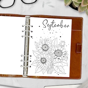 A5 Monthly Journal Planner Insert Set, 12 Undated Tracker Coloring Pages, September Sunflowers